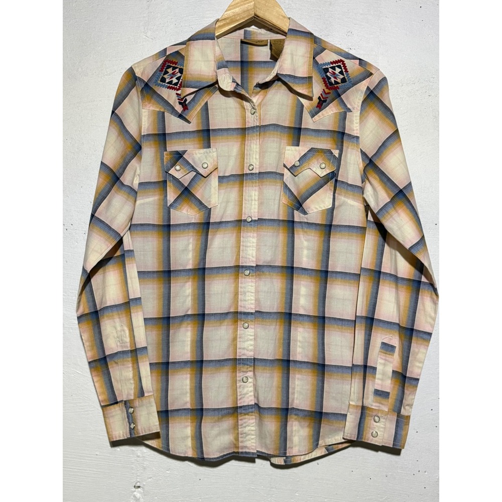 Wrangler Womens M Western Pearl Snap Plaid Shirt Aztec Embroidered Southwest